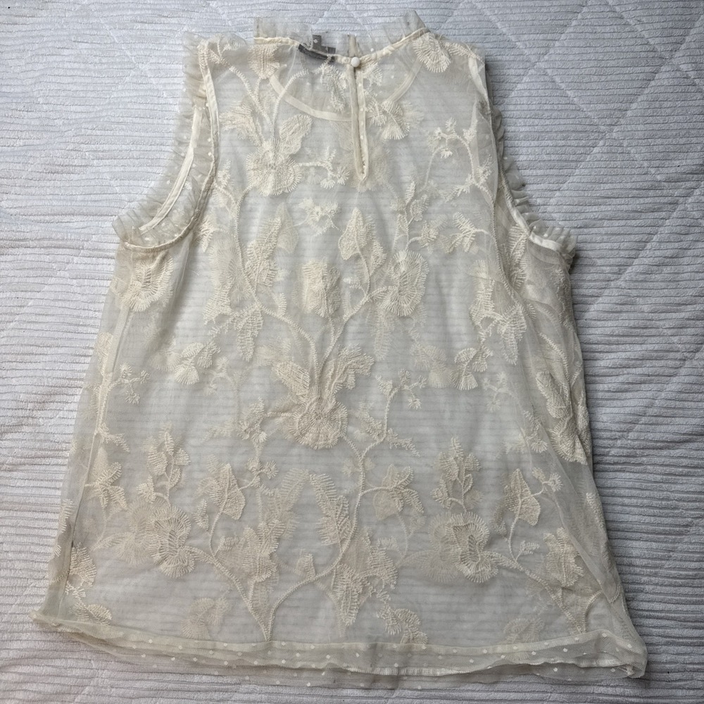 Who What Wear Top Ivory Large Sleeveless Mock Neck Floral Sheer Fairy Ethereal - Picture 8 of 9